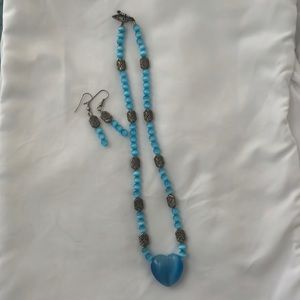 Blue beaded heart necklace and earrings